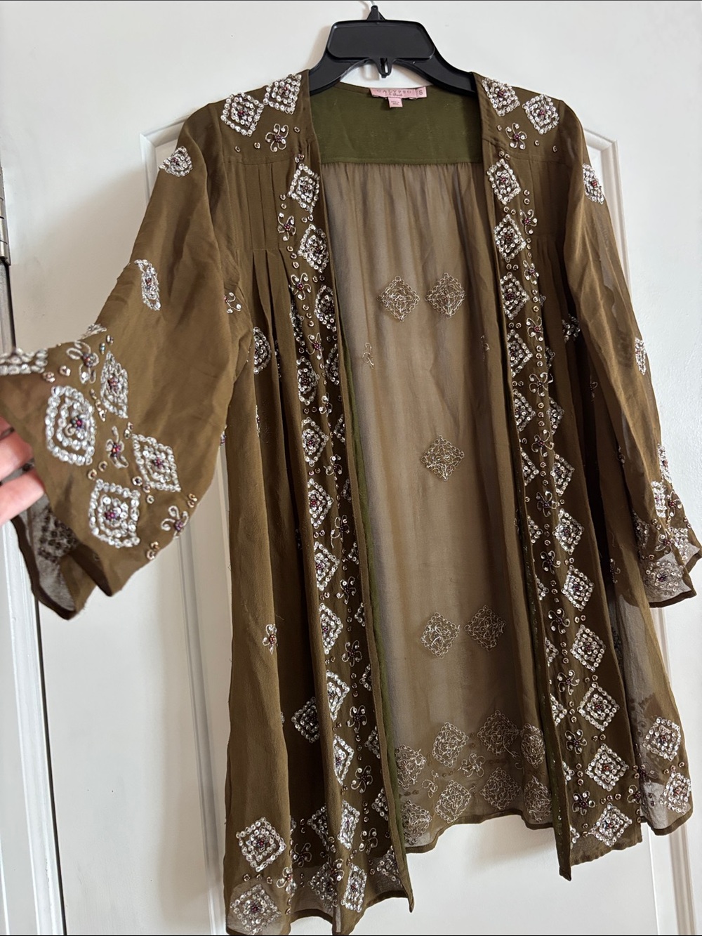 Calypso St. Barth Olive and Tan Textured Jeweled Silk Open Cardigan Small - Picture 3 of 10